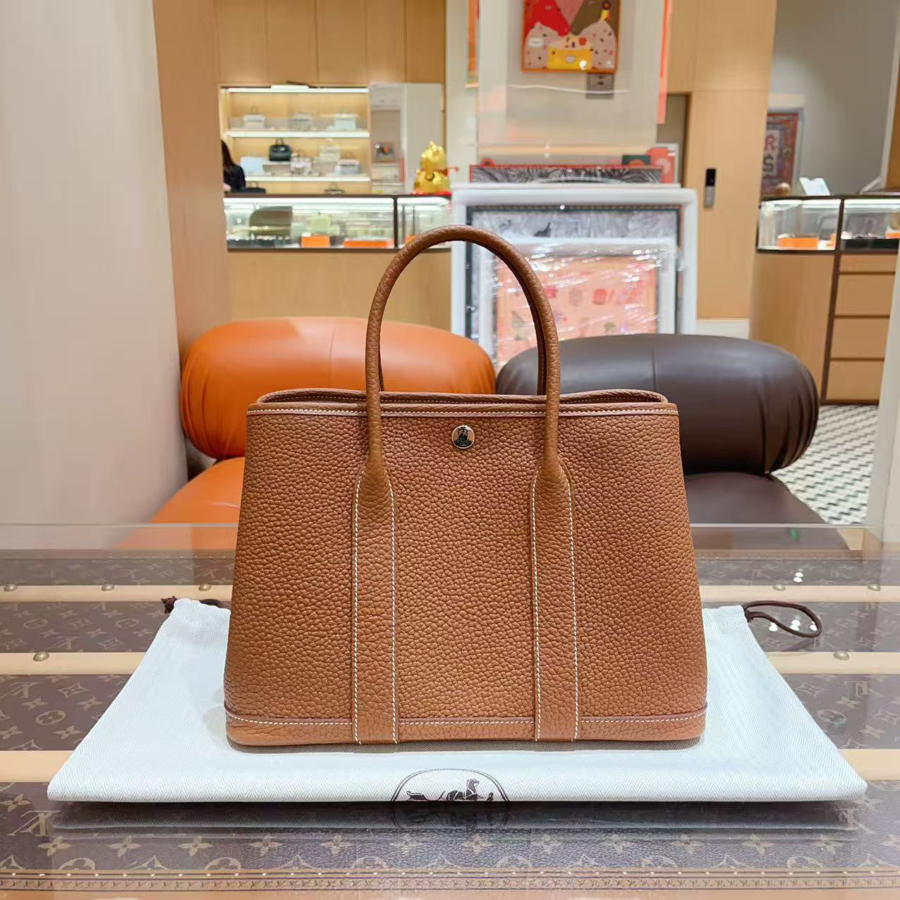 99新 Hermes/爱马仕 Garden Party 花园30 金棕银扣 Negonda皮W刻