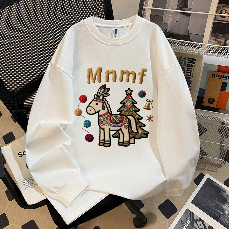 100%纯棉春秋氛围感圆领长袖宽松休闲t恤男女款印花小众套头上衣