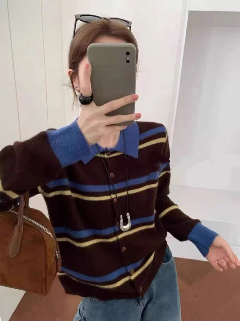 （G819）#秋冬大码女拼色条纹翻领长袖针织开衫上衣时尚上衣女秋冬