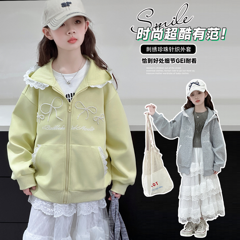 【ZS】秋新款儿童甜美风刺绣珍珠针织连帽外套蕾丝蛋糕裙HCD023