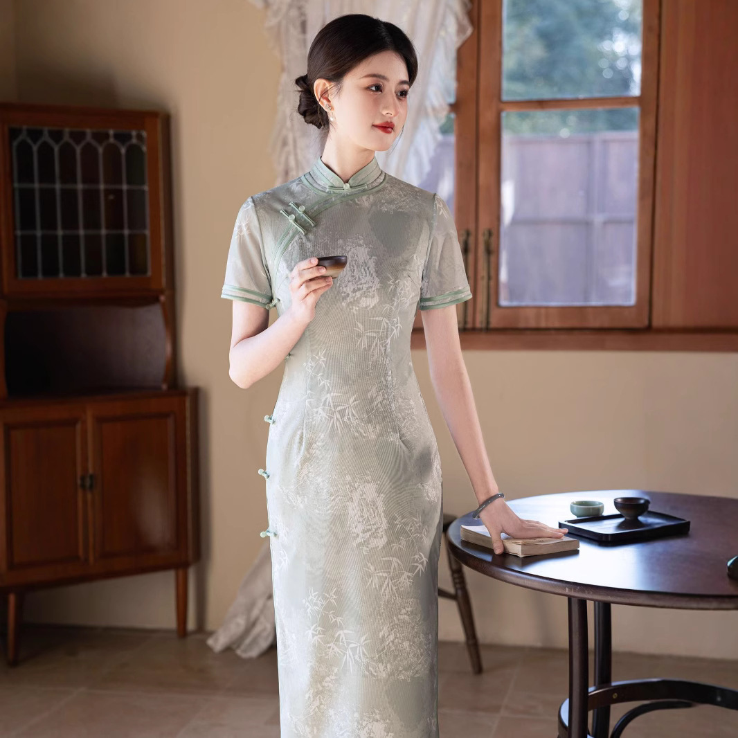 2025春夏新款中国风复合高密瑞士网斜襟长款气质旗袍女装连衣裙双