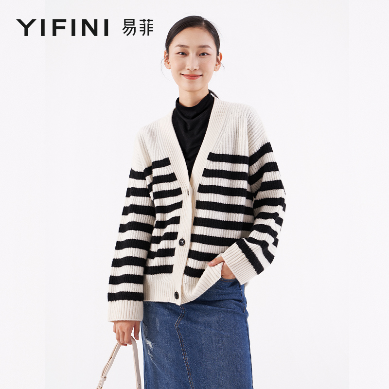 【Yifini】专柜同款山羊绒混纺条纹休闲感宽松短款毛织外套B09T1804