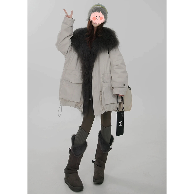 “白鹭” 可拆卸超大毛领派克服外套冬季加厚保暖抽绳工装上衣女