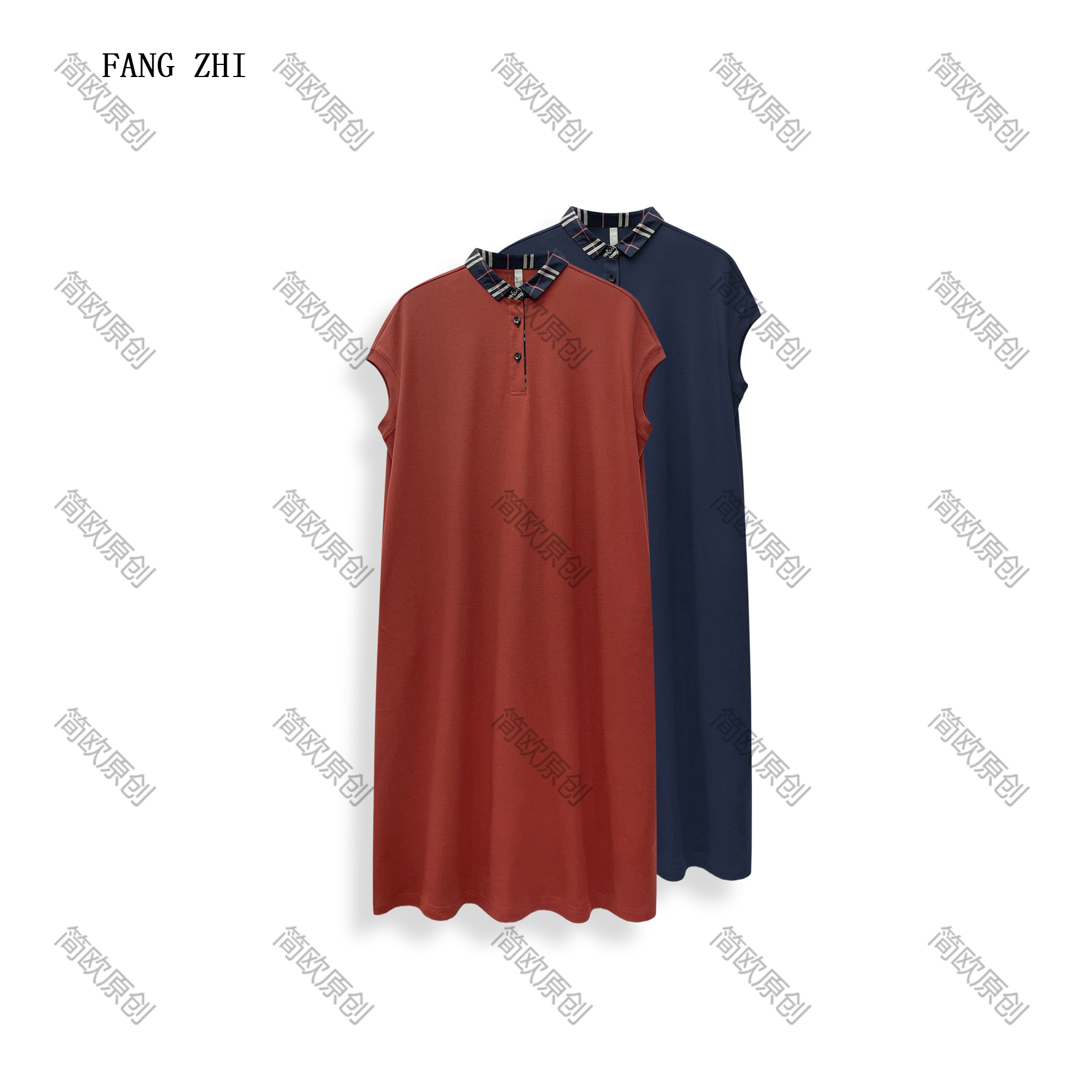 格子拼接polo领翻领遮肉显瘦宽松连衣裙休闲简约过膝长裙 D4311