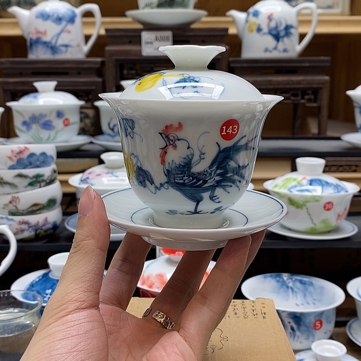 手绘公鸡盖碗160cc釉下彩微瑕福利款