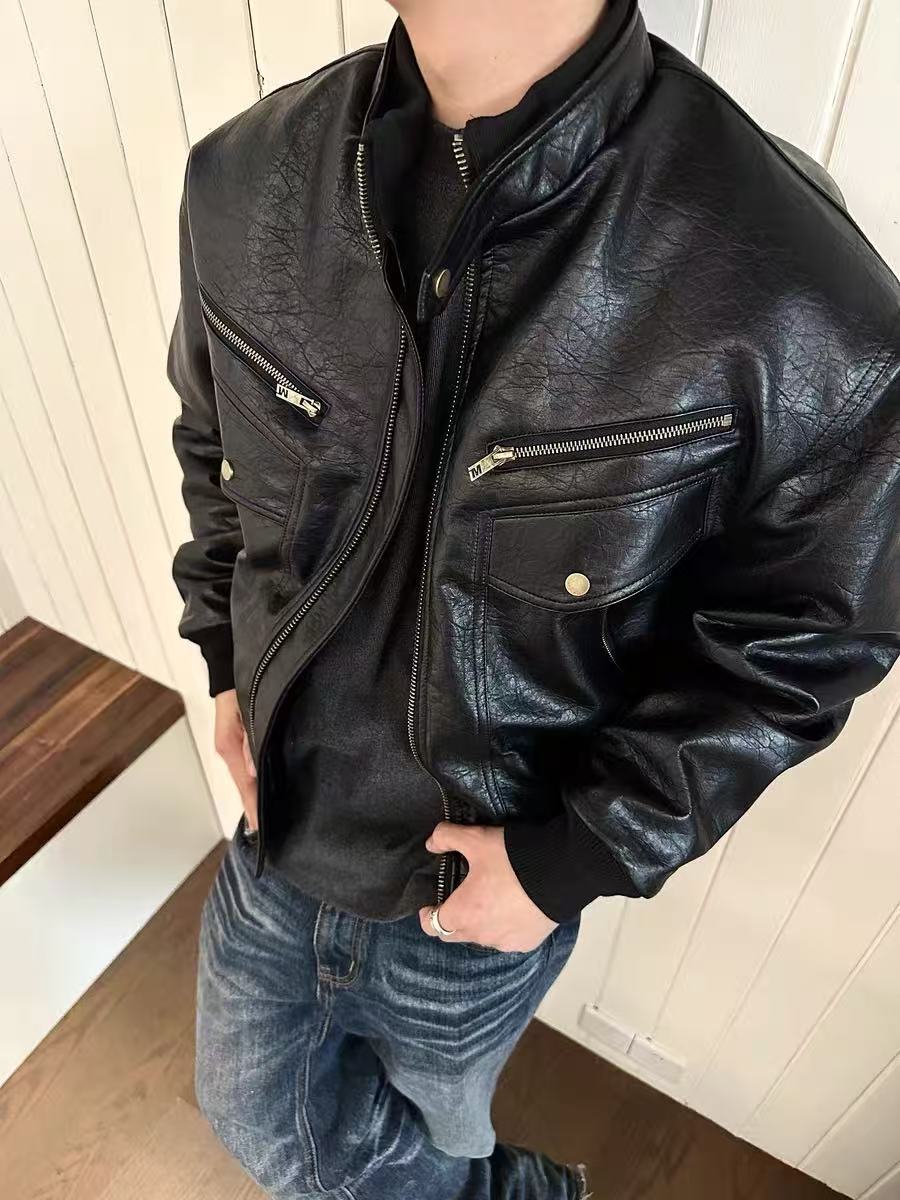  美式复古荔枝纹PU皮衣夹克男女25秋冬多口袋廓形机车服外套棉服