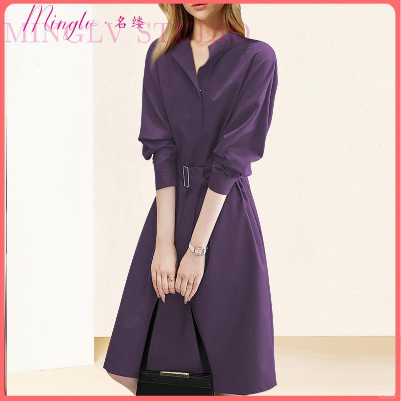名缕赫本风高级感洋装女2025秋季新款紫色时尚气质收腰衬衫裙子