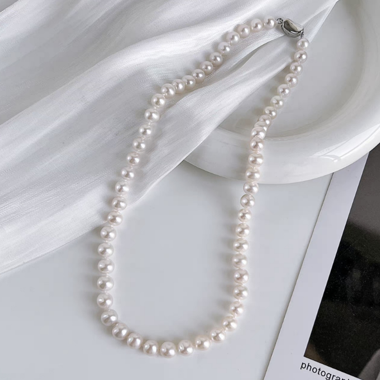 精选无核圆珠天然淡水珍珠项链8-9mm S925银 经典白色百搭款