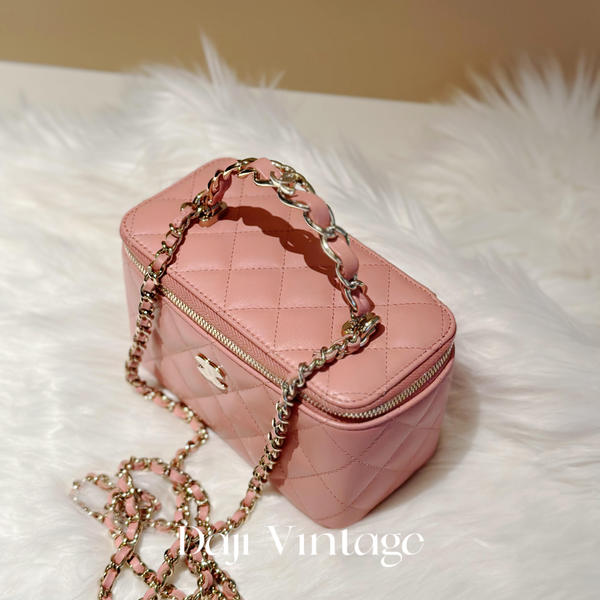 大吉中古/Chanel香奈儿粉金皮穿链手柄长盒子斜挎包