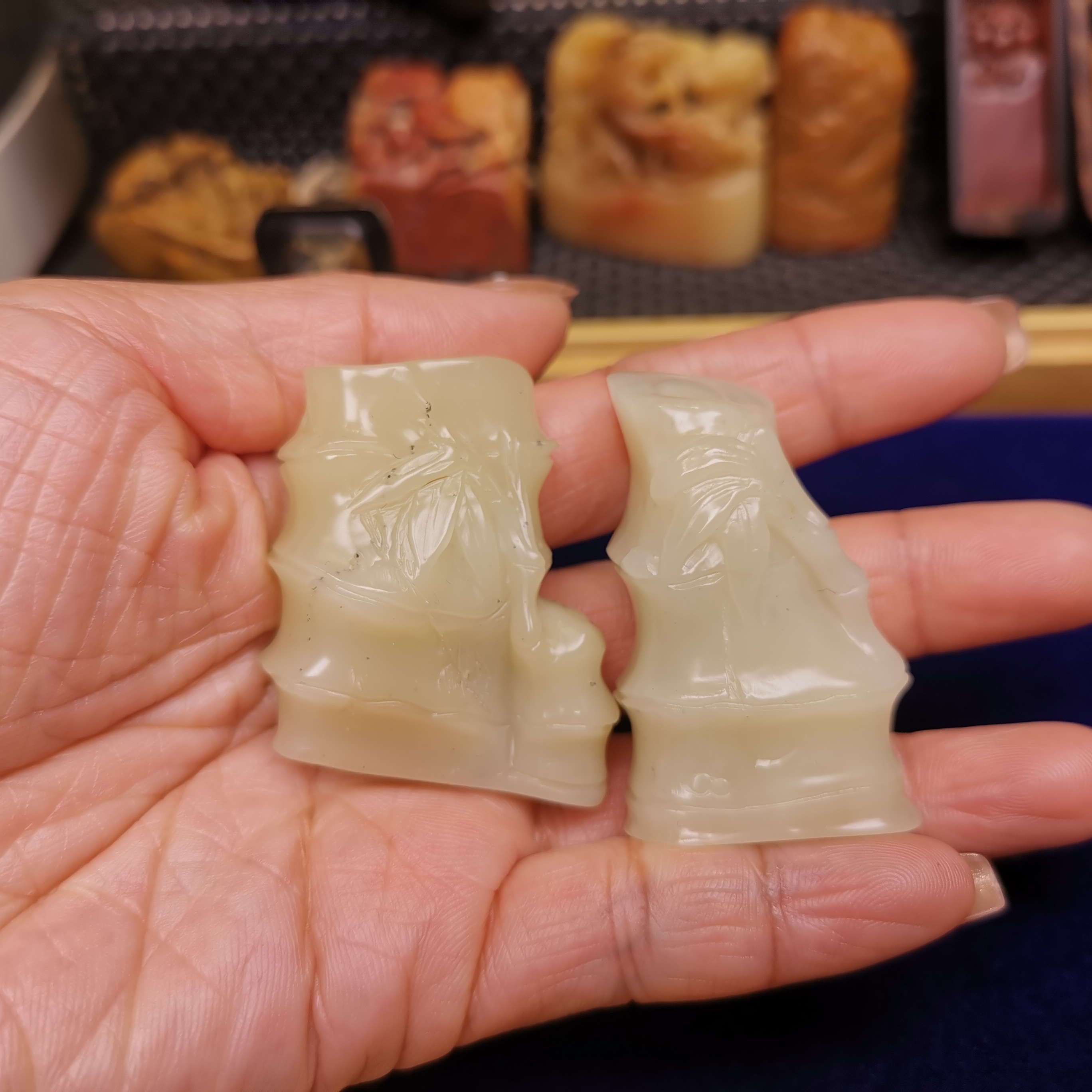 寿山石芙蓉石天然竹节雕刻手把件雅玩印章随行章2方