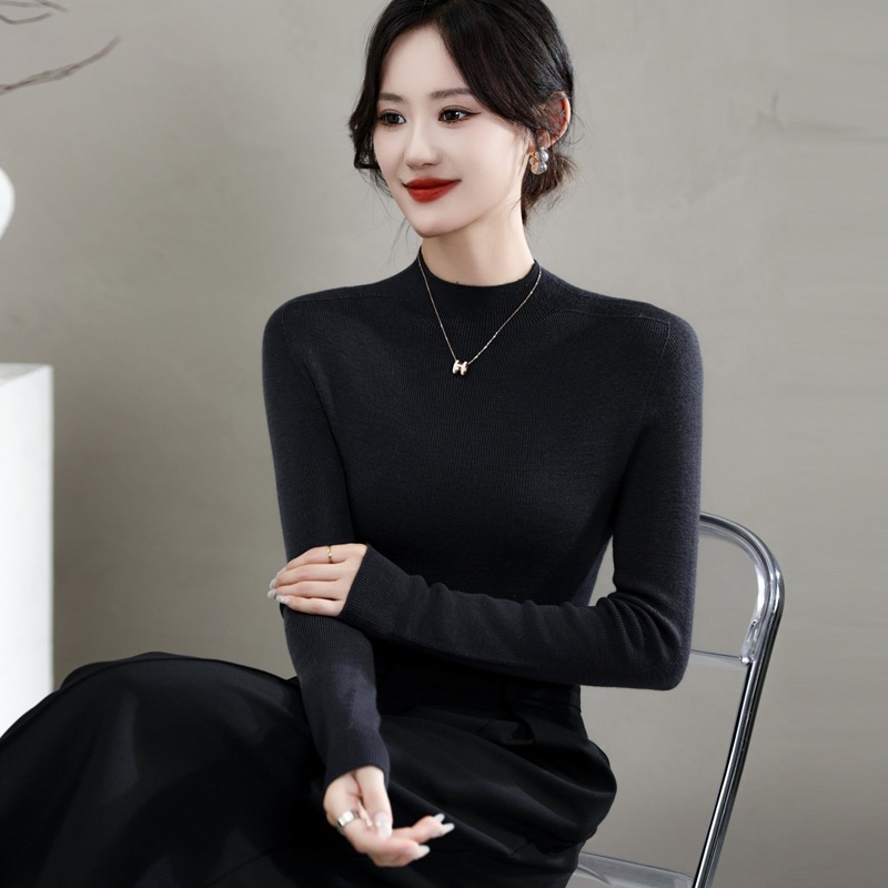 “实力显瘦” 精纺羊毛衫修身打底衫可机洗纯色半高领