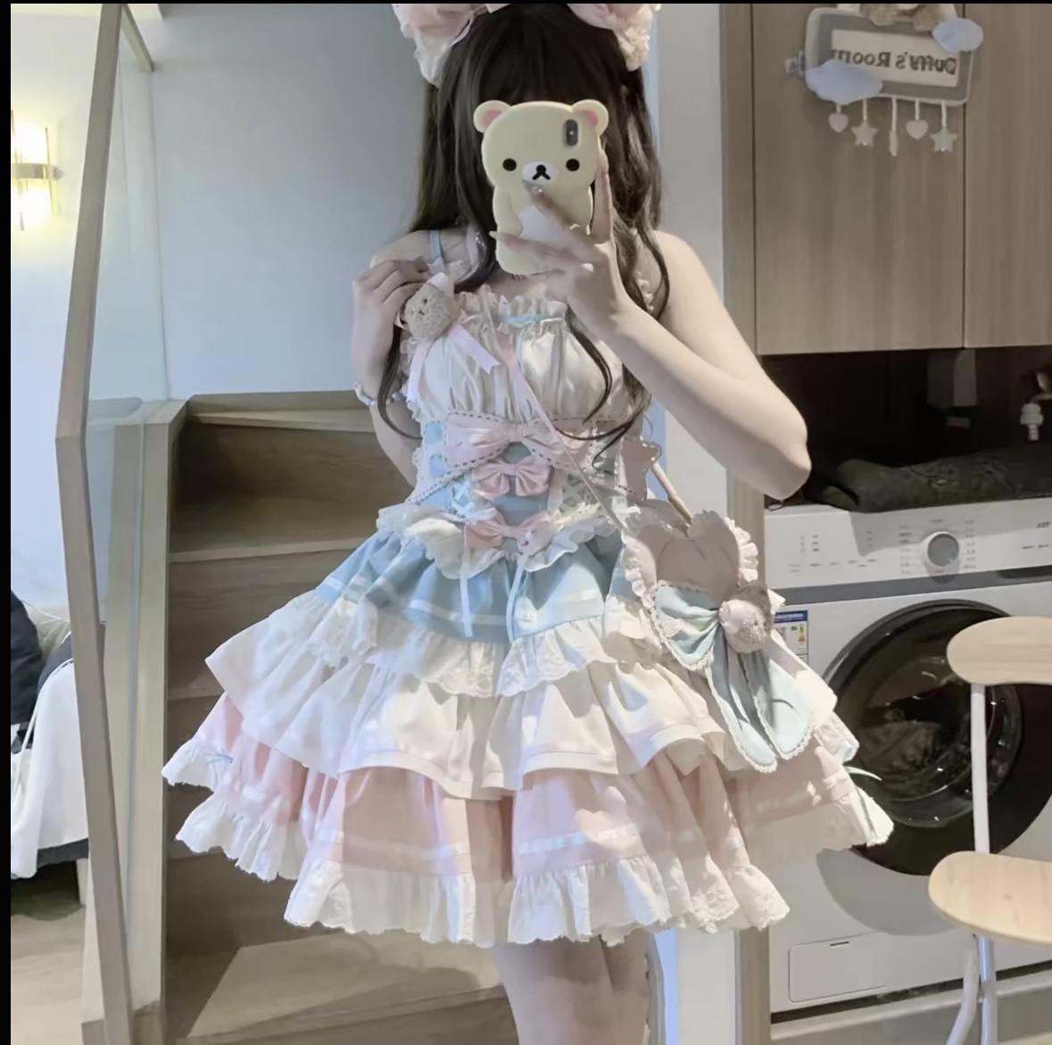 【现货】初恋小熊Lolita少女小偶像感薄巧杏粉小熊主题轻纯欲蓬蓬裙