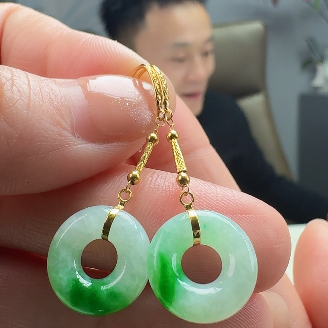 翡翠耳饰18K金镶嵌天然