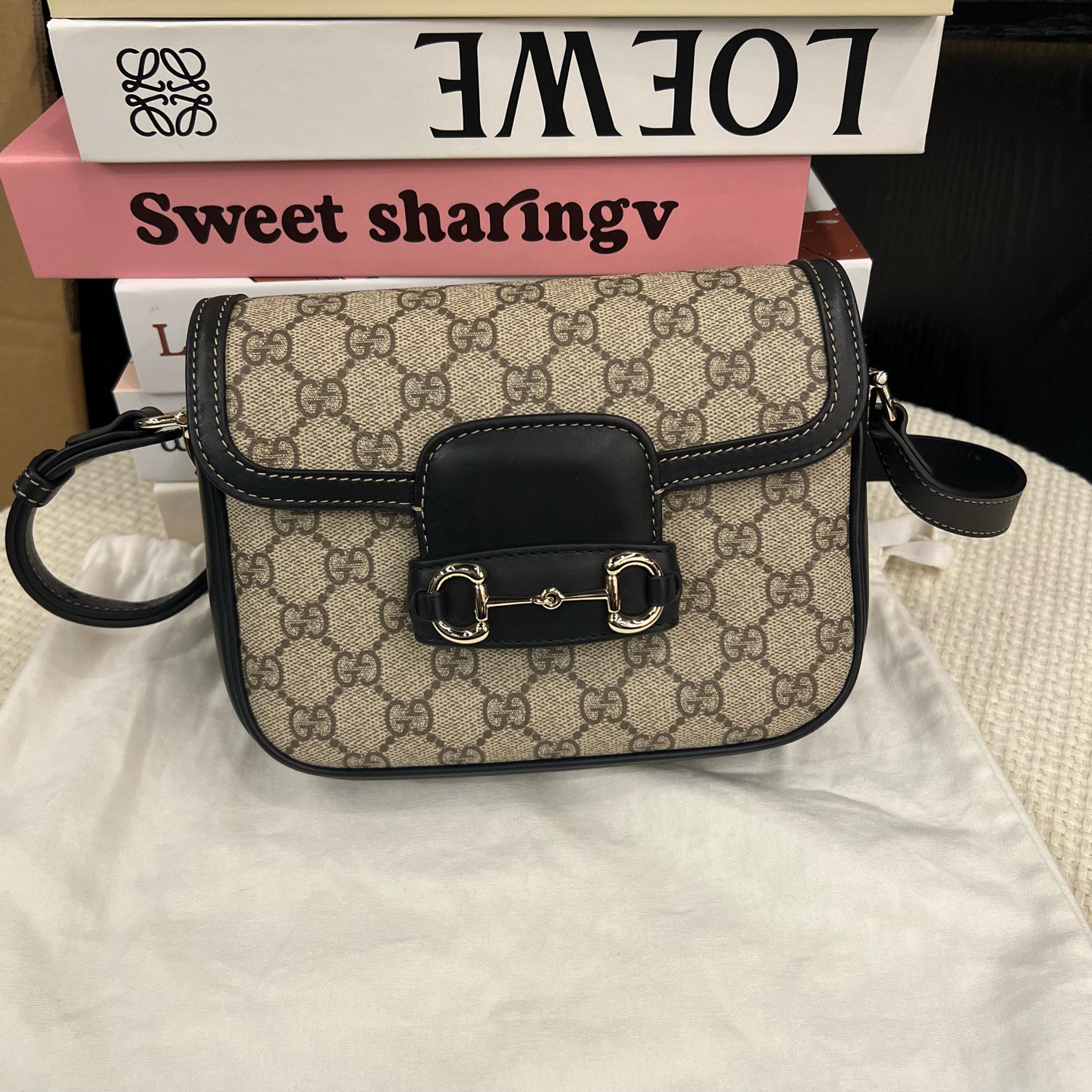 99新 GUCCI/古驰 Horsebit1955经典老花帆布黑色皮革拼接金色