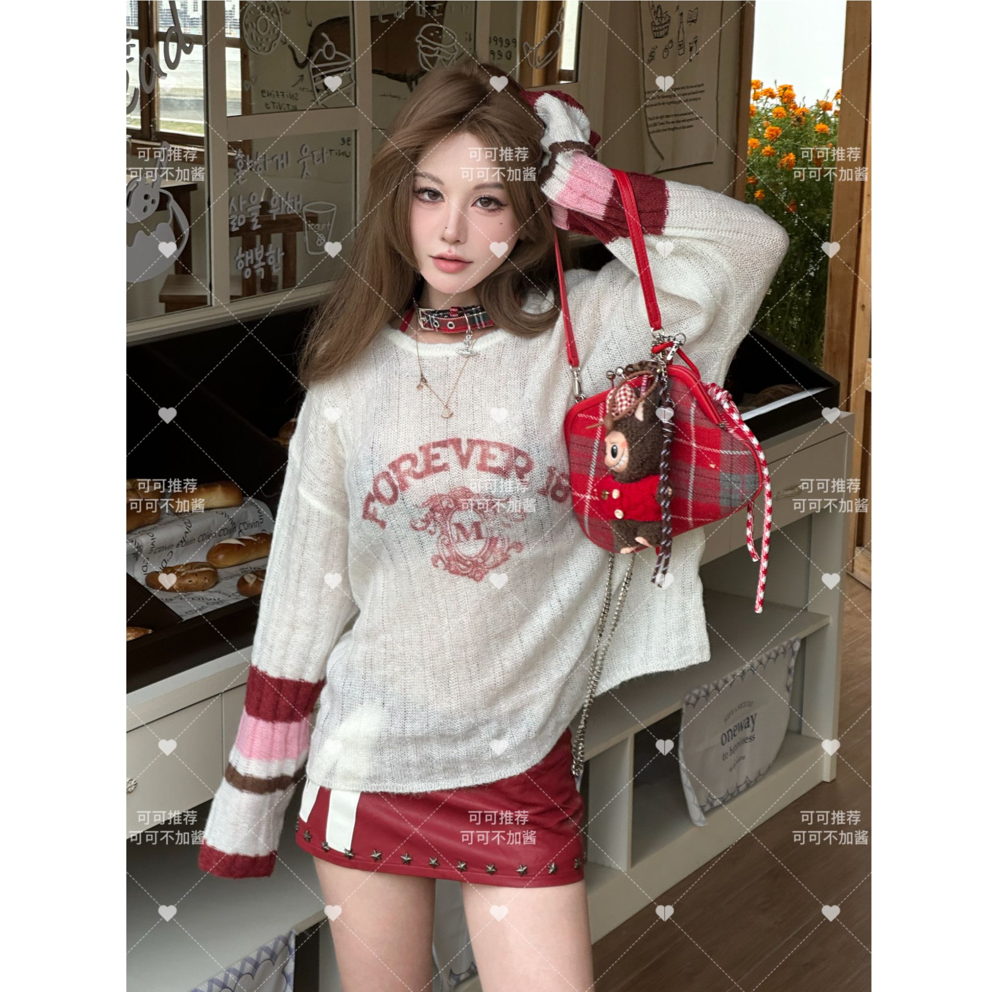 【可可推荐】春季新款条纹圆领宽松中长款针织上衣T恤 S570