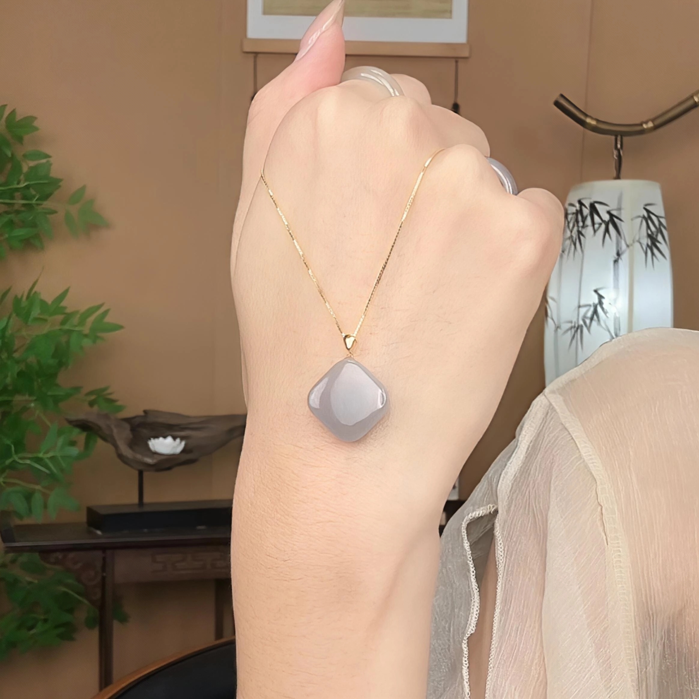 [钰儿]设计款货头和田玉18K金扣烟紫方糖+银链子多样性发一件