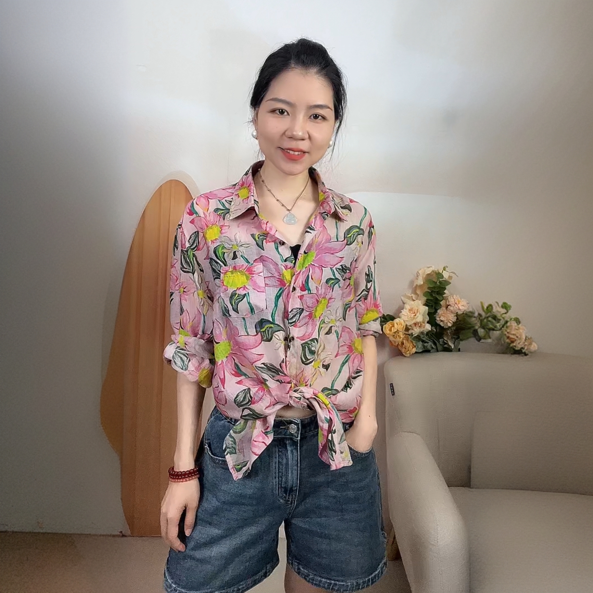 透气轻薄长袖花衬衫洋气宽松大码上衣印花百搭薄料衬衣女防晒衣