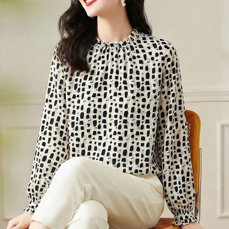 【堇兰】100桑蚕丝衬衫新品时尚波点长袖设计感真丝上衣女6602