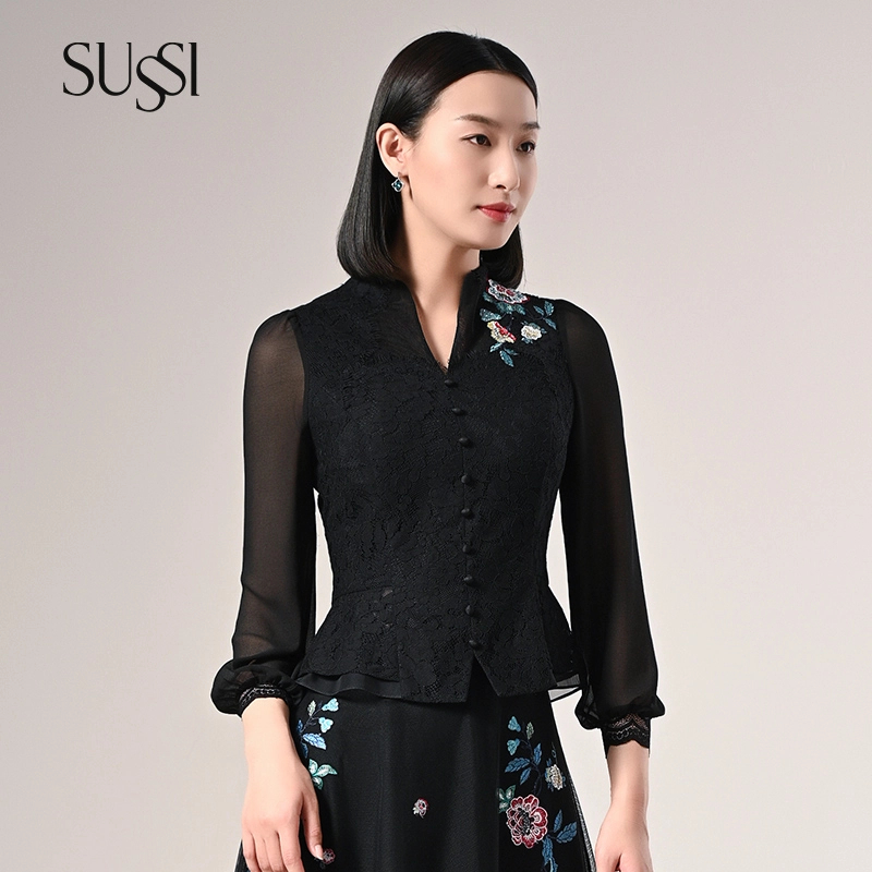 SUSSI古色商场同款黑色刺绣通勤雪纺蕾丝上衣衬衫女