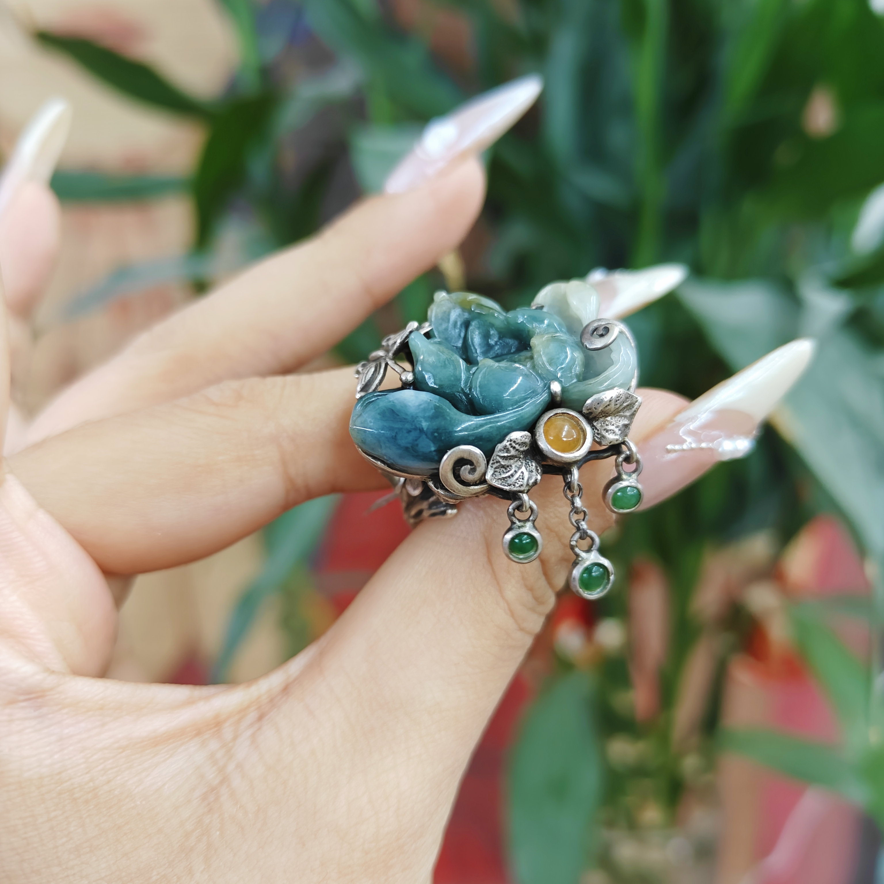 天然翡翠蓝色花戒指 手工银镶嵌 复古