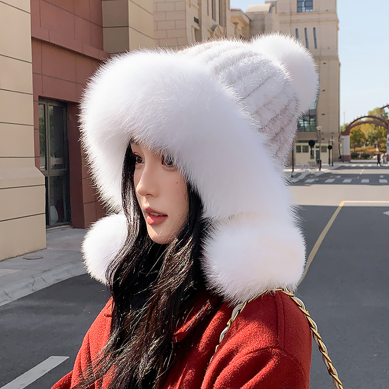 【新水貂公主帽】狐狸毛圈三球水貂帽冬季帽子时尚加厚护耳狐狸毛球