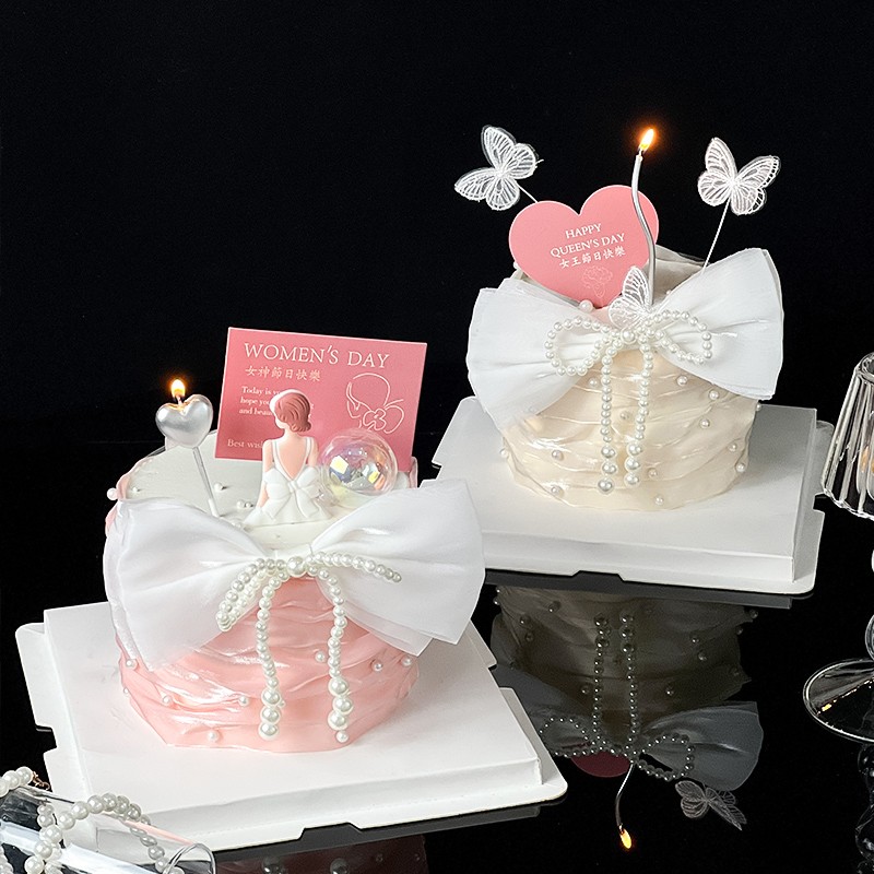 3.8女王节背影蛋糕装饰插件女神节快乐爱心卡片珍珠围边蝴蝶摆件