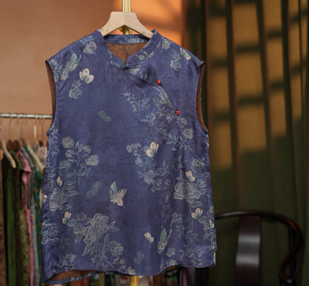 {蓝色妖姬}女士短款新中式短袖立领T恤宽松中国风设计师飞袖上衣