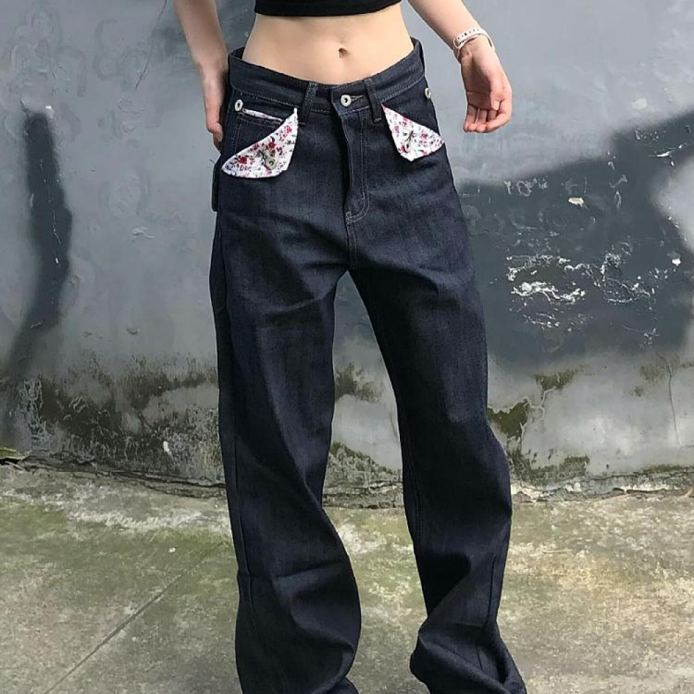 美式复古vibe碎花赤耳拼接牛仔裤男女秋辣妹设计感宽松直筒拖地裤