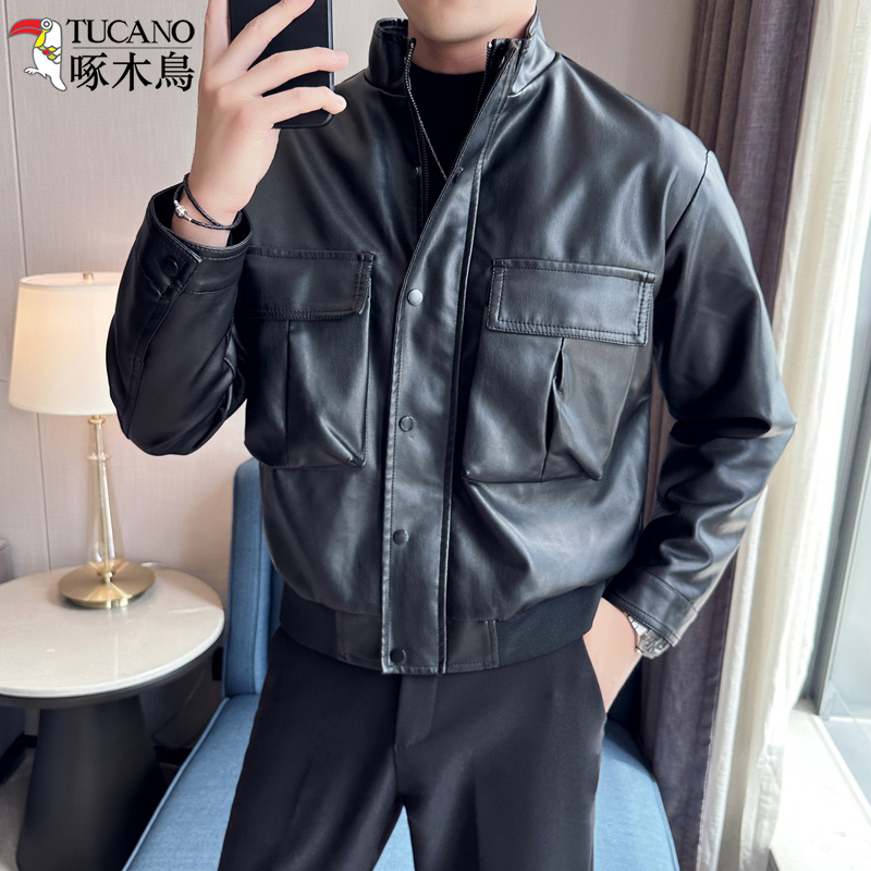 啄木鸟男士外套秋冬新款潮流立领机车服帅气宽松百搭痞帅夹克外套