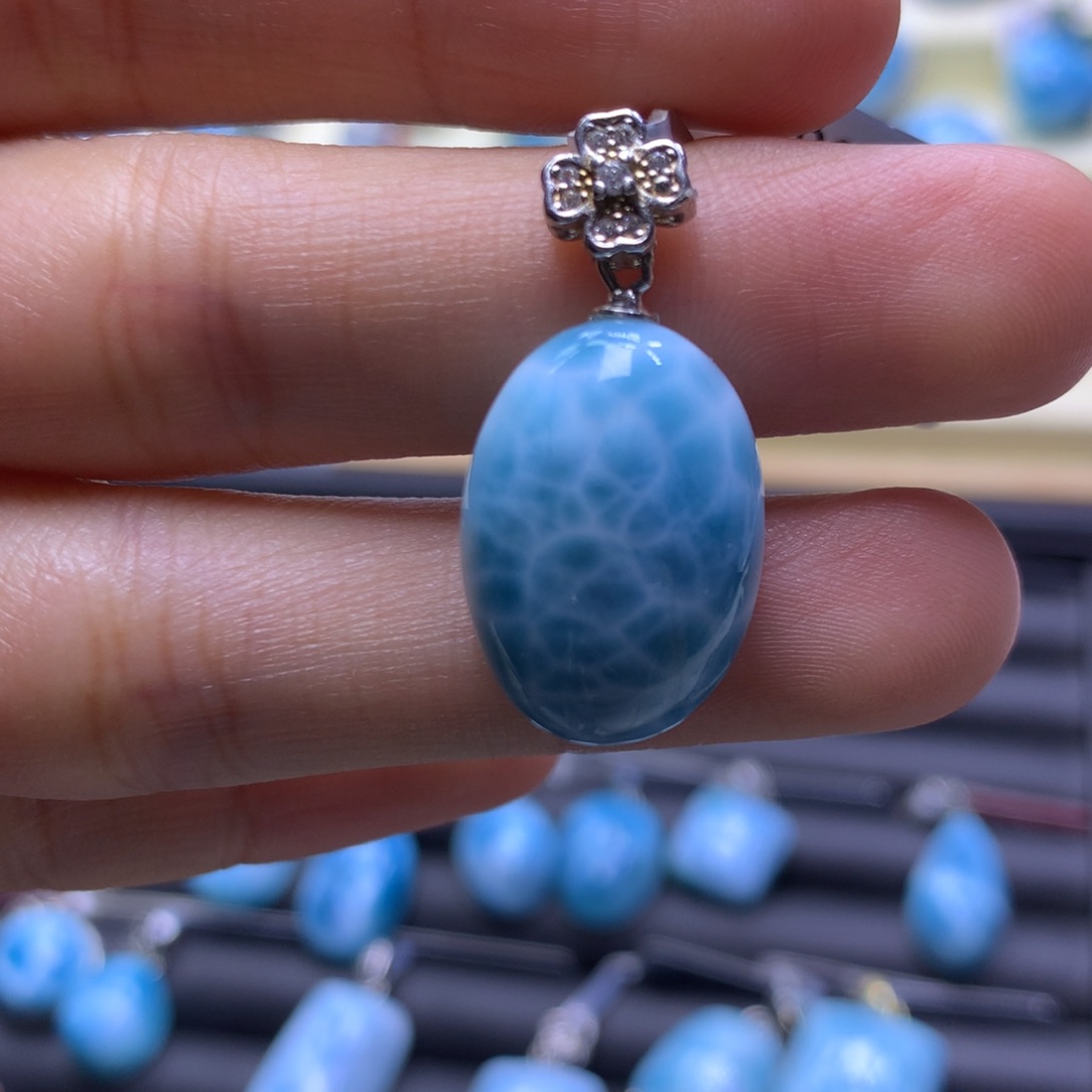 针钠钙石（海纹石）银S925镶嵌吊坠(不含链)蛋面吊坠色差略异