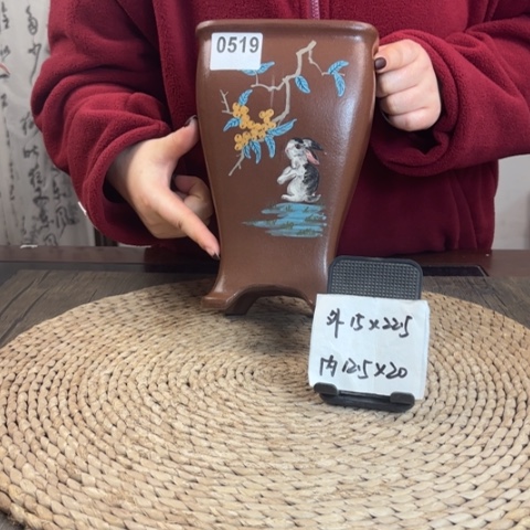 紫砂花盆精品紫泥美人鱼兔兔手绘款0519