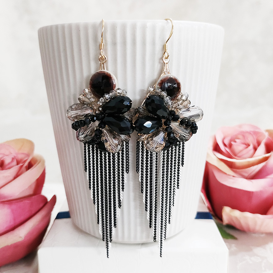 铜合金玻璃耳饰 波西米亚风气质手工花卉流苏耳环2598