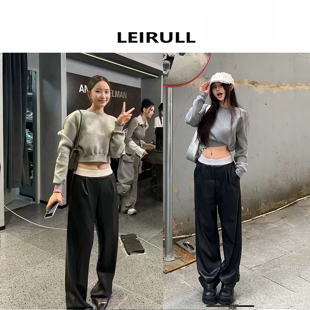 ANN 24秋冬新款皮裤女高腰织带哑光黑色阔腿裤