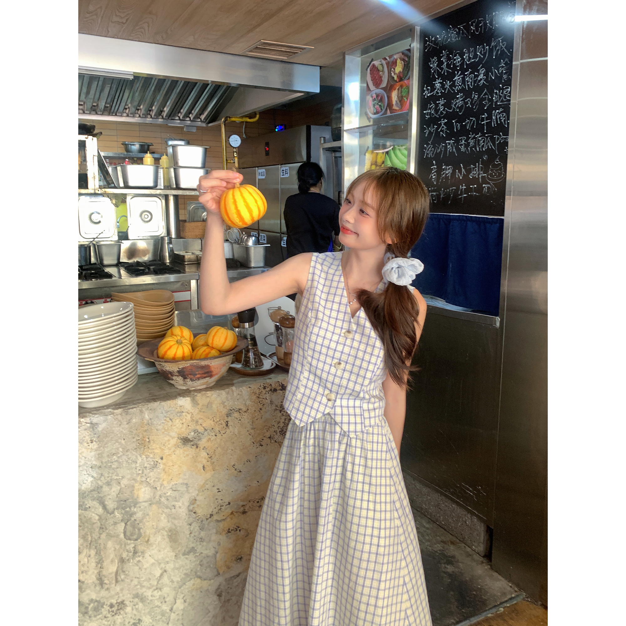 切糕自制【海芋恋】小个子夏气质减龄时尚格子套装无袖上衣A字半裙