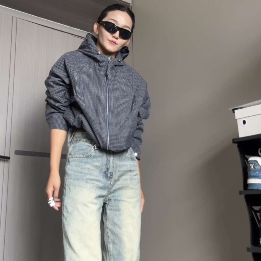 连帽夹棉格子带帽女格纹