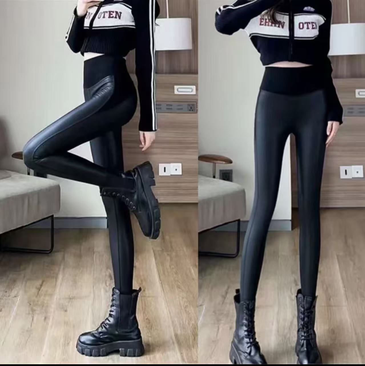 蒋姐家 新款加绒皮裤鲨鱼裤时尚高腰弹力百搭提臀打底裤显瘦紧身