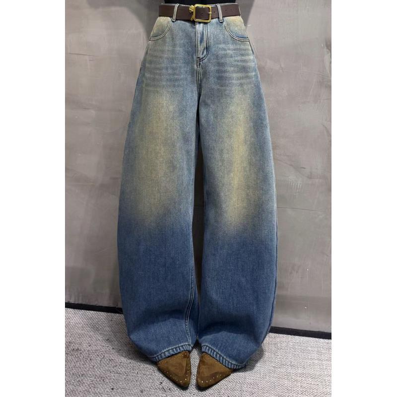 92892#欧货复古加绒加厚阔腿牛仔裤女秋季高腰宽松百搭休闲直筒