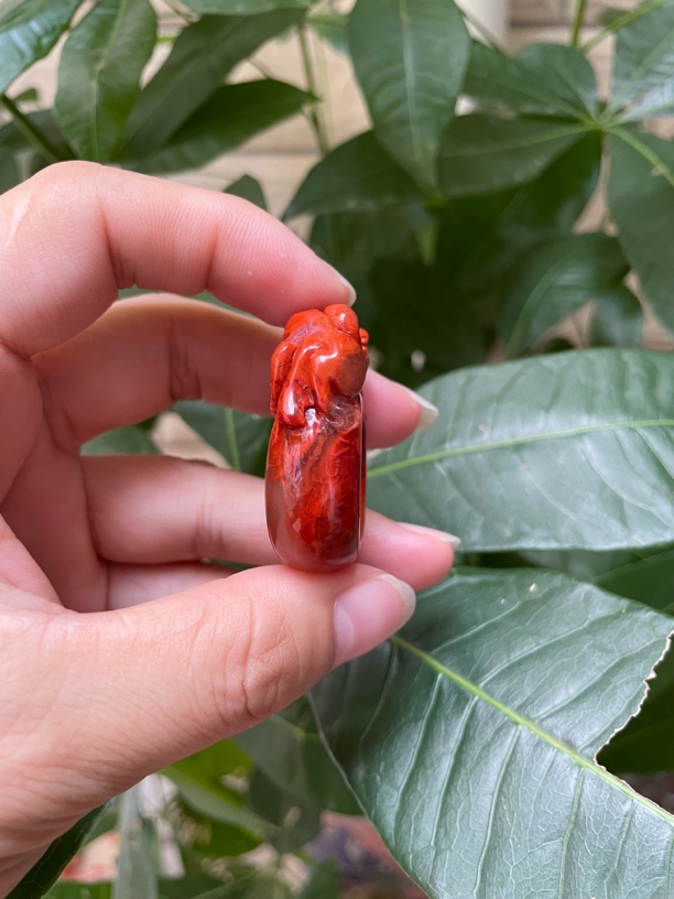 南红川料精工手工雕刻貔貅扳指，内径圈口18.6，纹理好看成色不错