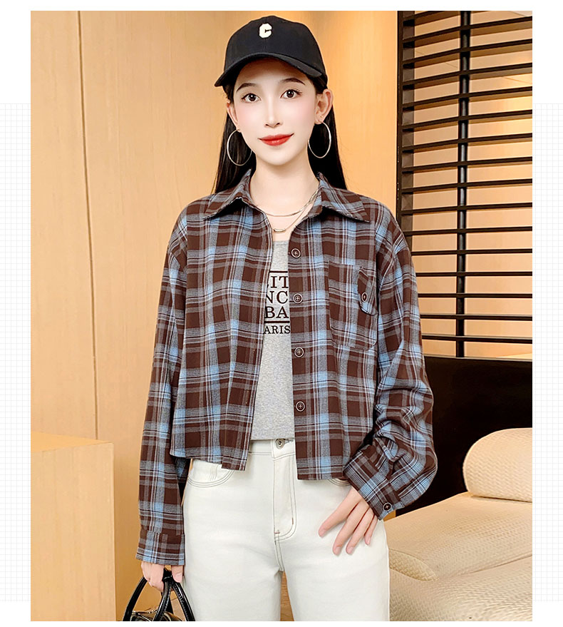 2025秋新款时尚休闲短款格子长袖衬衫女宽松显瘦小个子夹克薄外套