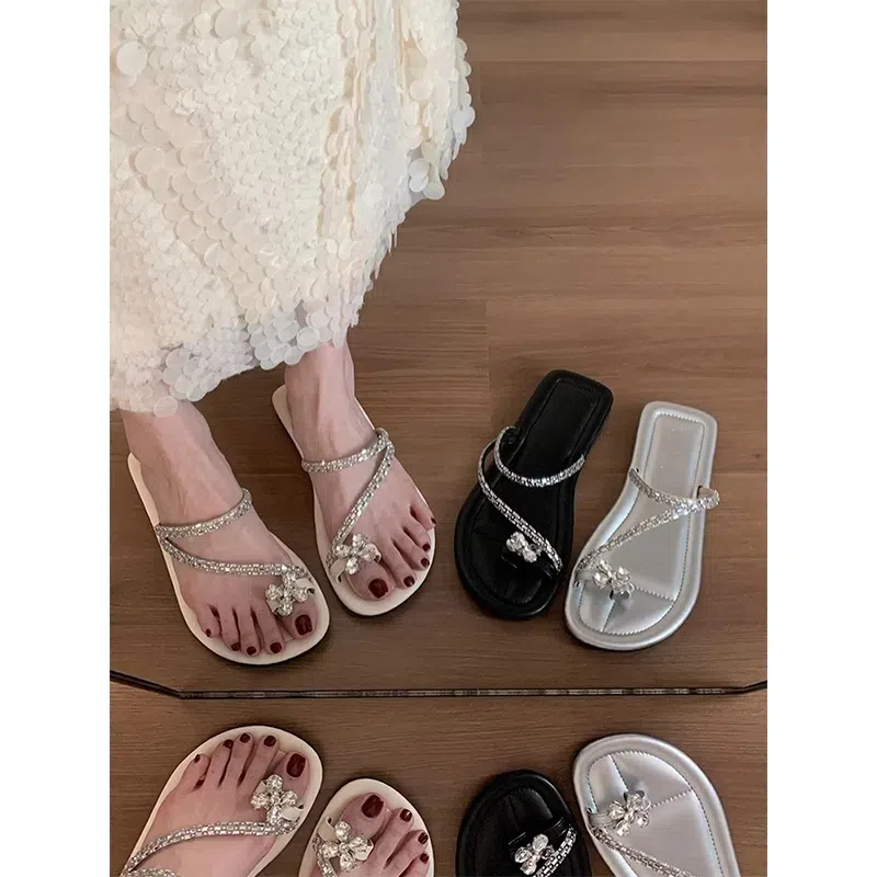 外穿法式套趾小凉拖鞋女2025新款厚底软底配裙子水钻绝美海边时尚