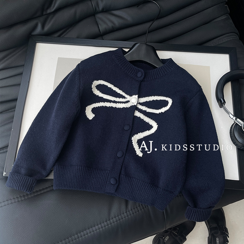 【现货】阿卷秋冬装女童韩版森系蝴蝶结刺绣针织毛衣开衫MPG6897