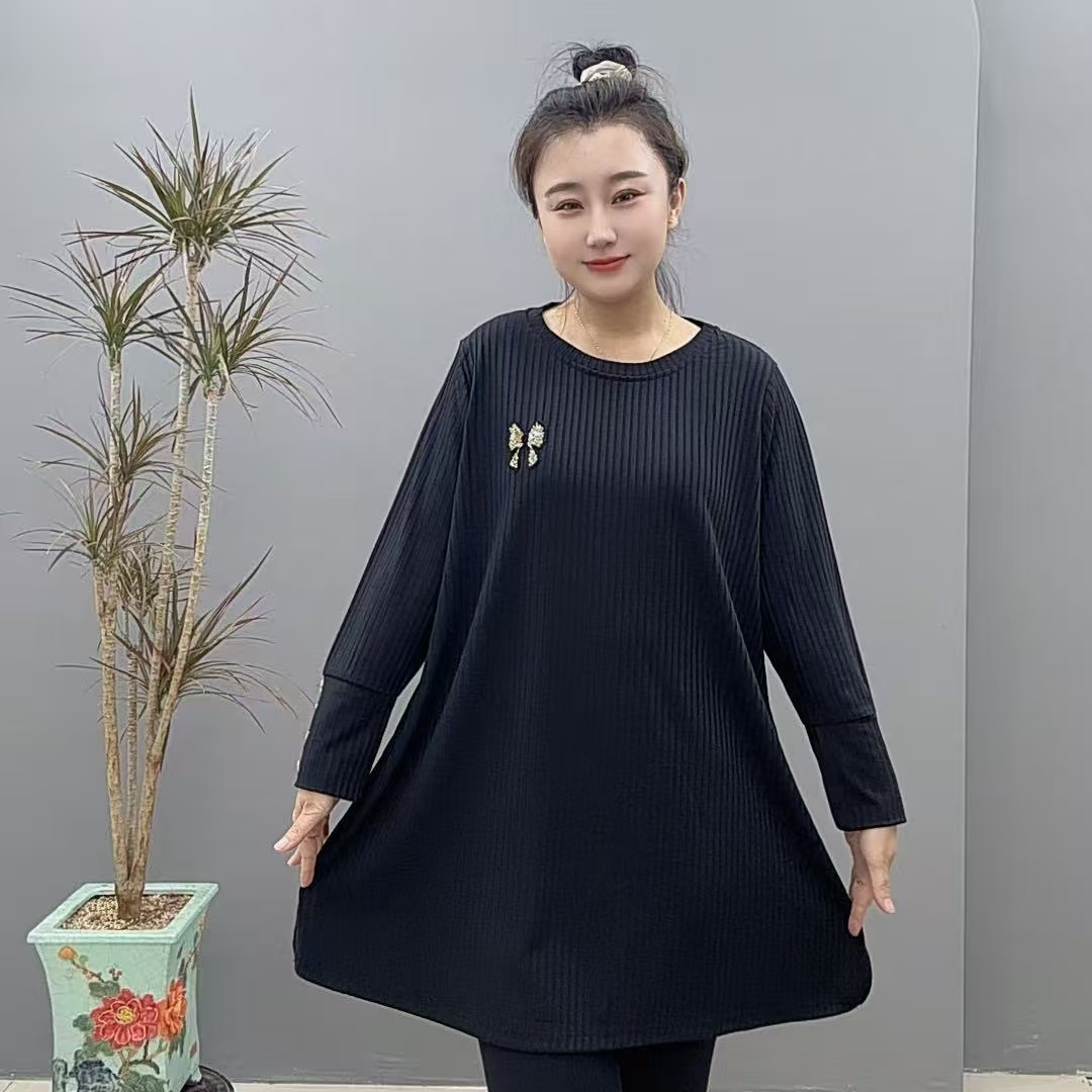 秋冬大码女装中长款圆领3064长袖黑色宽松型打底衫
