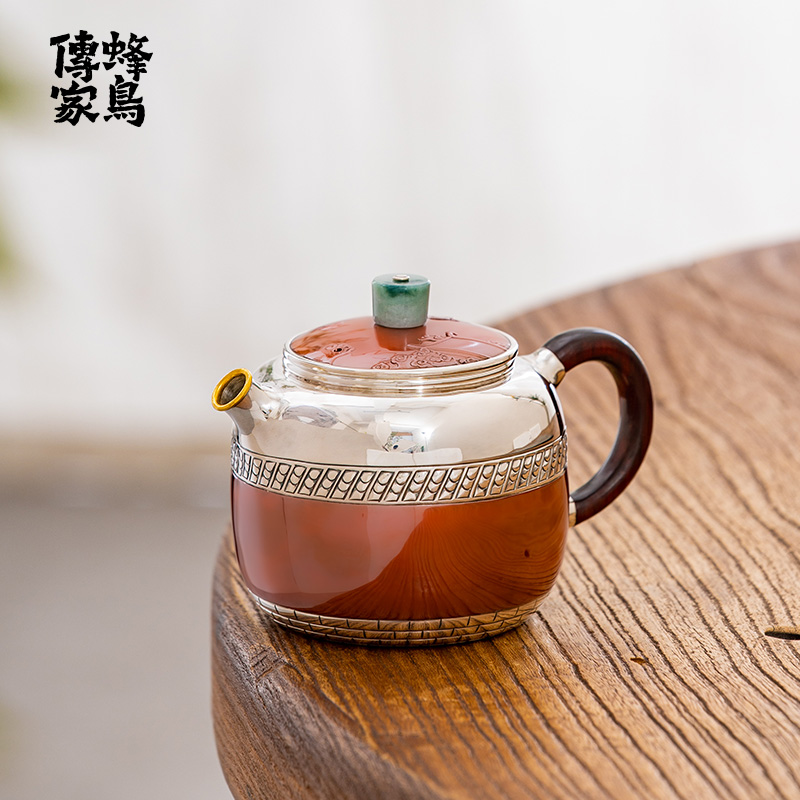 蜂鸟工坊 傳家 木把铜包银錾刻梅花铜包银鹤桶形小壶 SWA18057