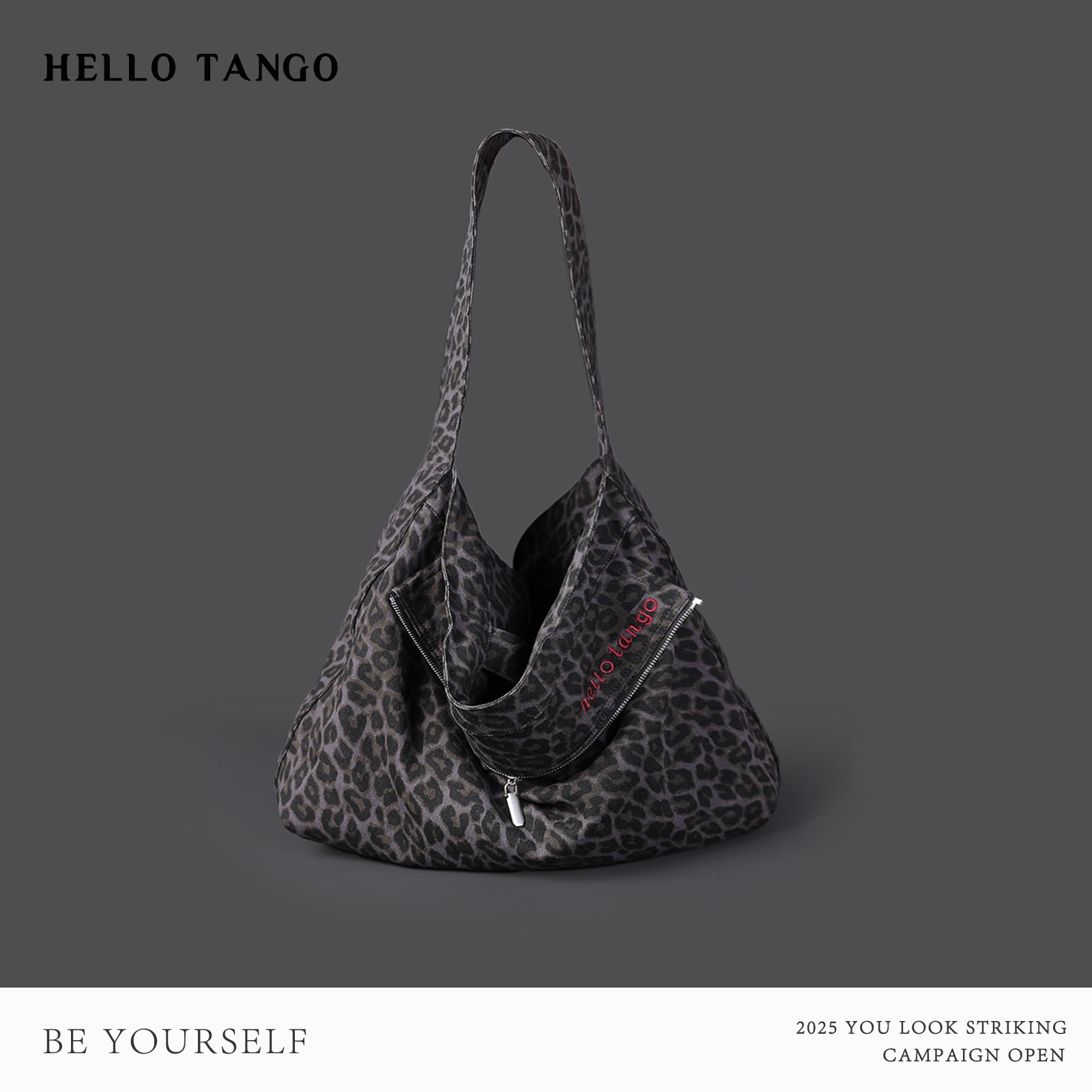HELLOTANGO复古豹纹双面双排拉链设计单肩包