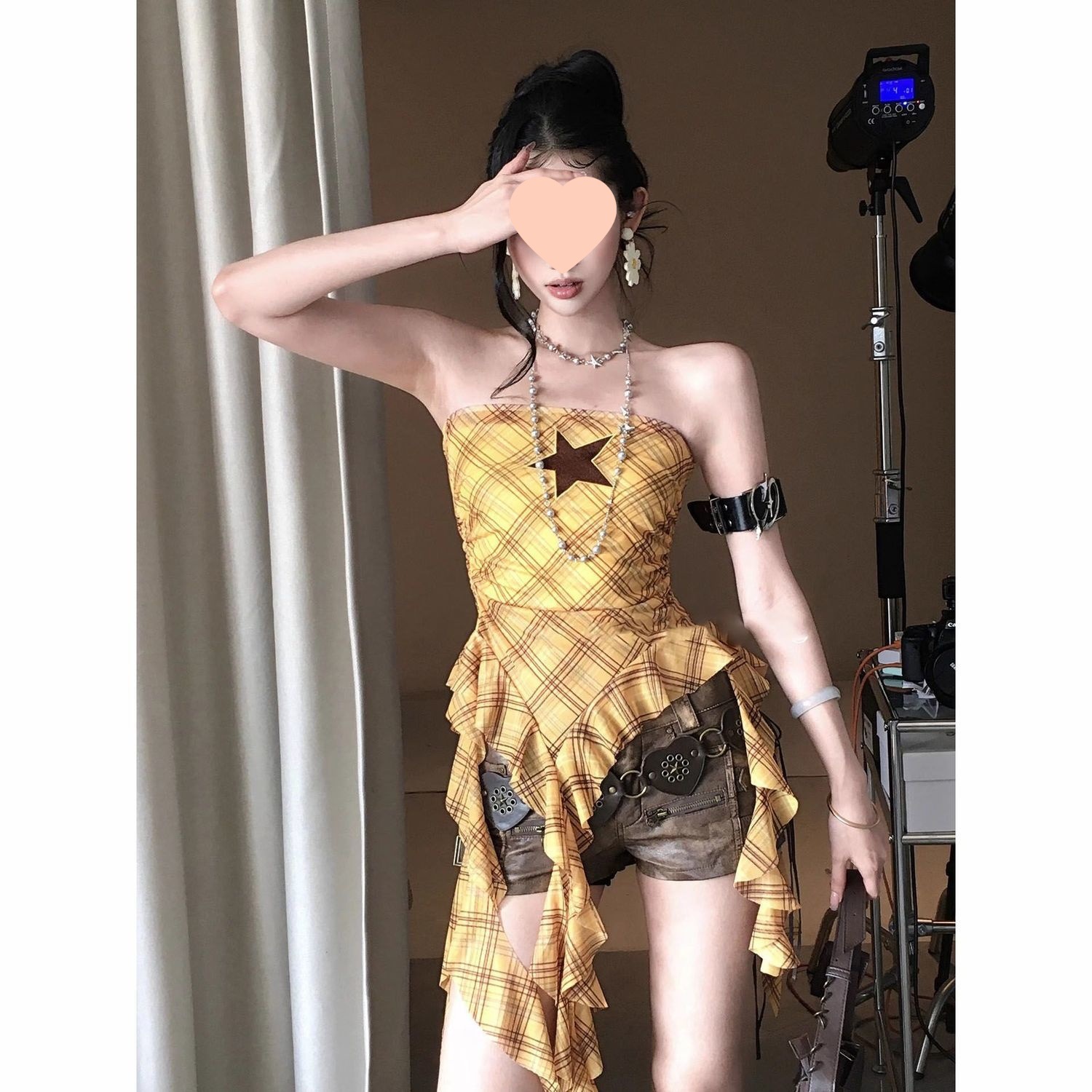 《W3》辣妹2星星格子不规则抹胸背心女修身显瘦短款上衣黄色均码