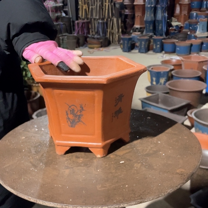 紫砂花盆26红清雅六方小