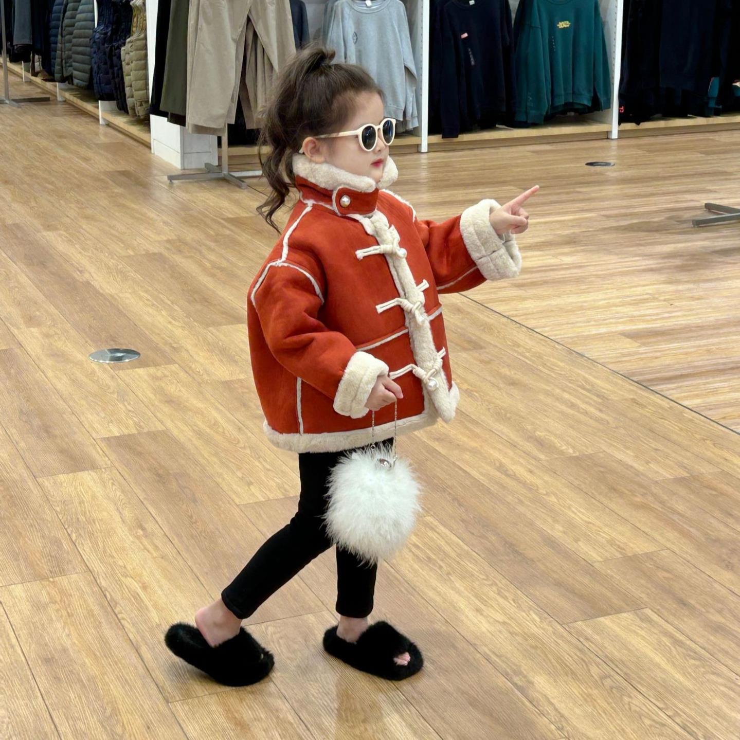 女童冬装加厚一体绒时髦外套2025女宝宝新款韩版皮毛一体保暖大衣