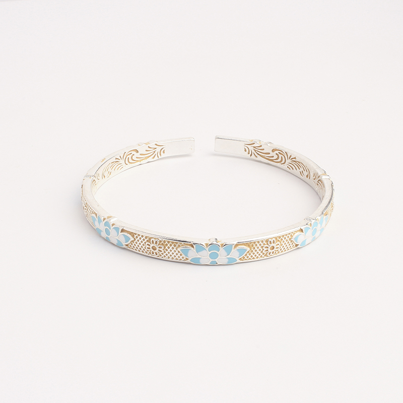 足银手镯 113号链接【珐琅蓝荷花开口】宫廷风格999.9实心银手镯子