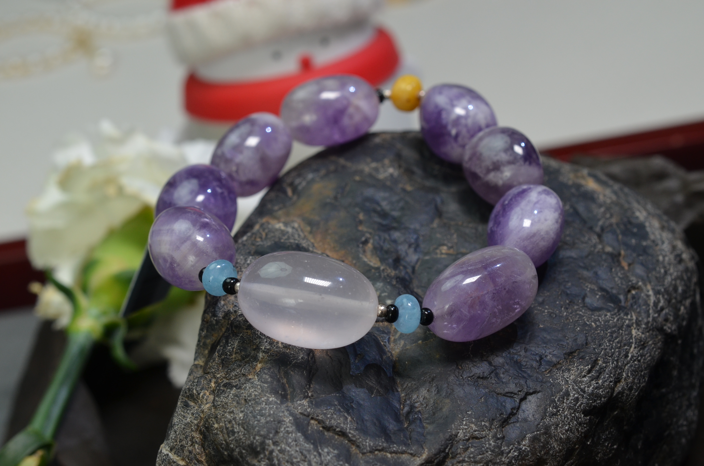 54【九紫离火】天然紫水晶手链 +粉水晶蜜蜡转运珠大手串 约15*20MM