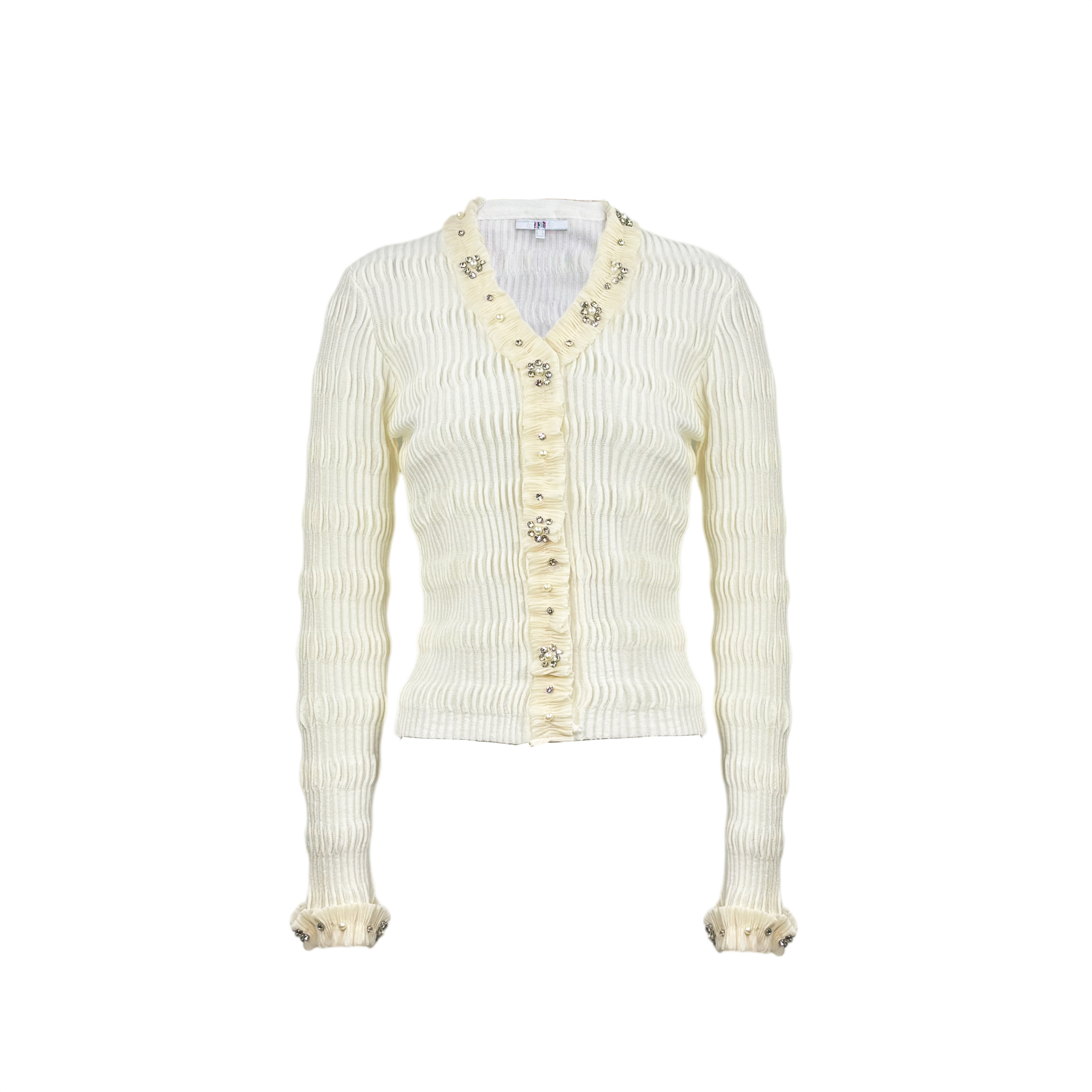 姜穹JIANGQIONG 2025初冬新款波浪纹珍珠钻花边V领修身毛织上衣女